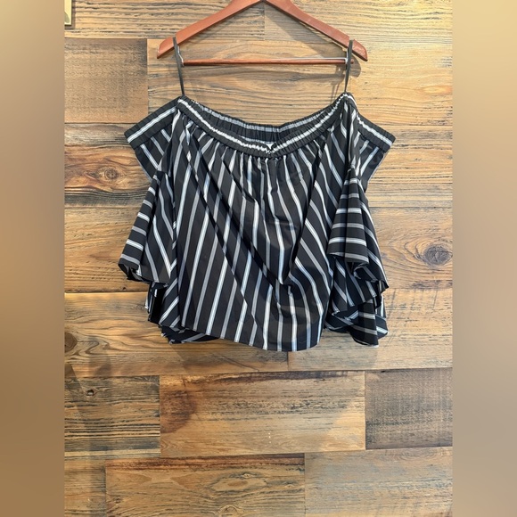 $325 Milly Ines Black and White Stipe Off-the-Shoulder Bell Sleeve Blouse - Picture 5 of 7